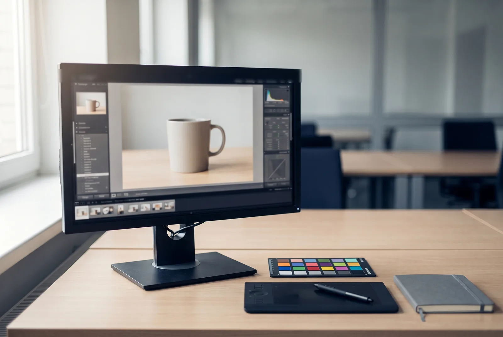 Desk with a large monitor showing a blurred photo editing interface, colour checker chart and graphics tablet