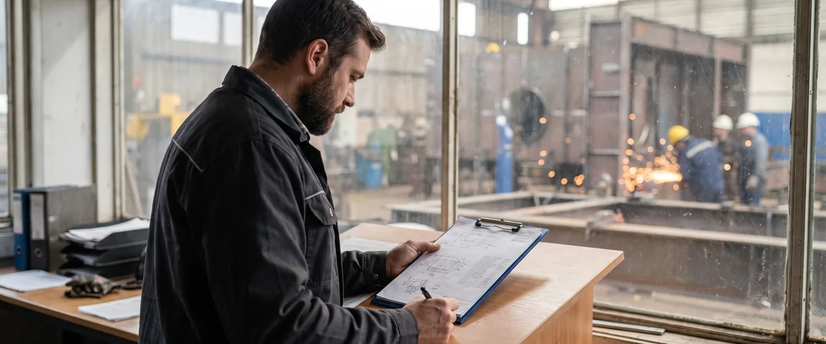A worker noting an incoming order on a clipboard in the workshop