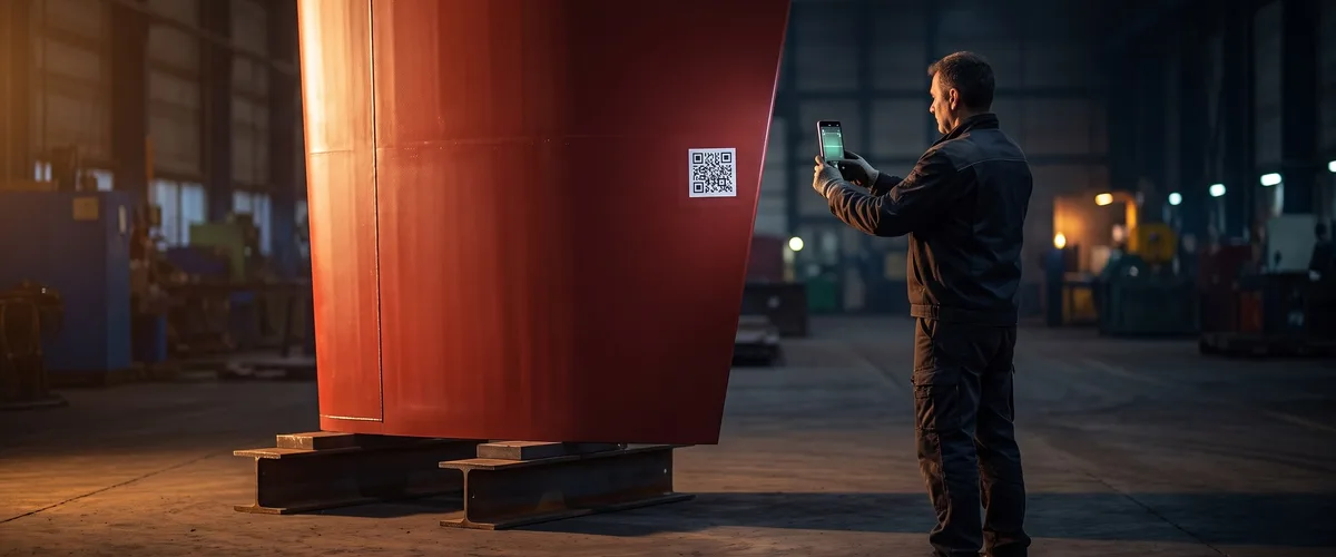 A worker scanning the QR code on a finished rudder blade with a phone