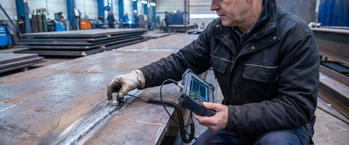 An inspector measuring a weld seam with a handheld test device