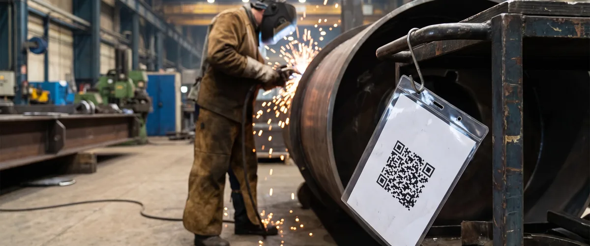 A welder at work on a part that carries its QR tag on the frame