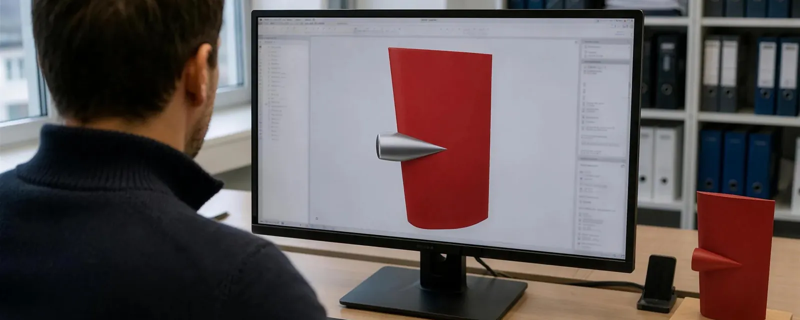 Engineer working on a rudder model in a CAD program