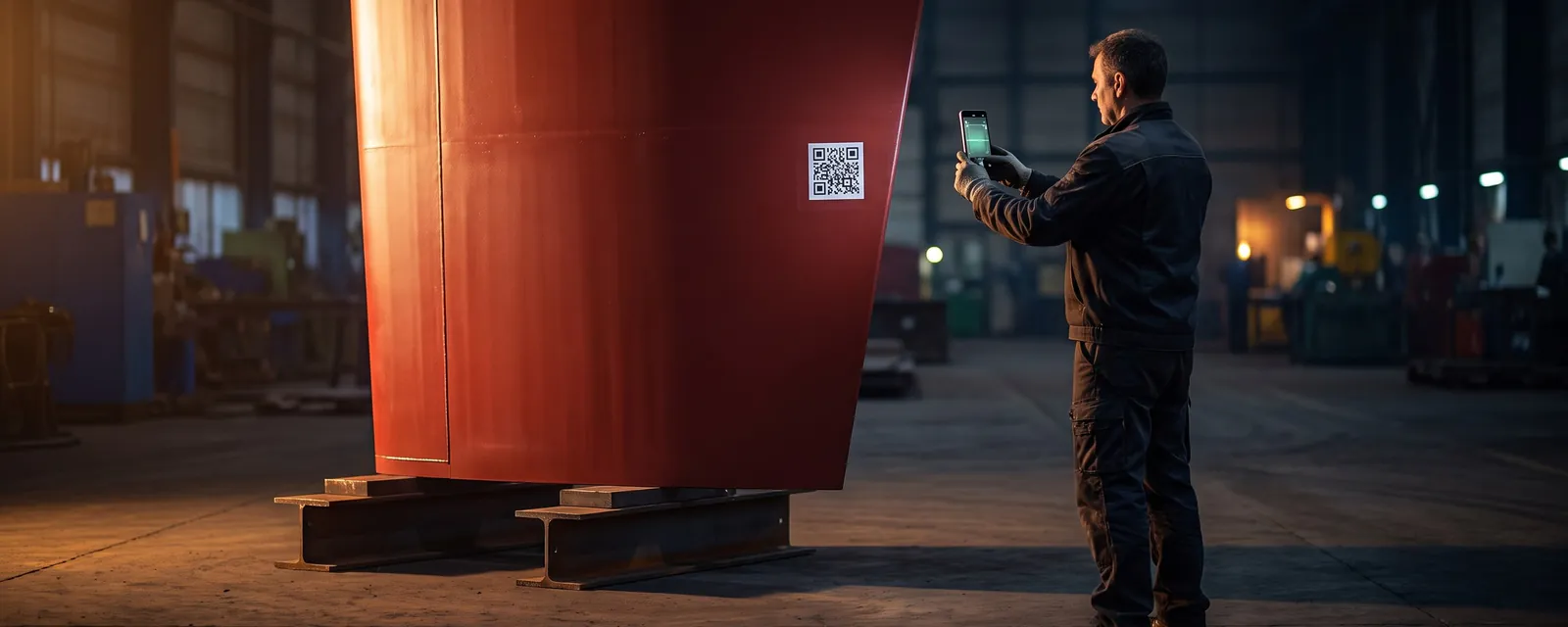 Worker scanning the QR code on a rudder blade in a workshop