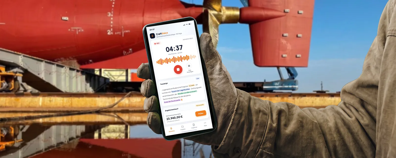 Recording an on-site appointment on a phone in front of a ship in dry dock