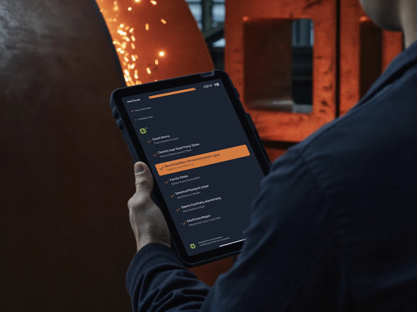 Shift lead on a shop floor checking a process step on a tablet