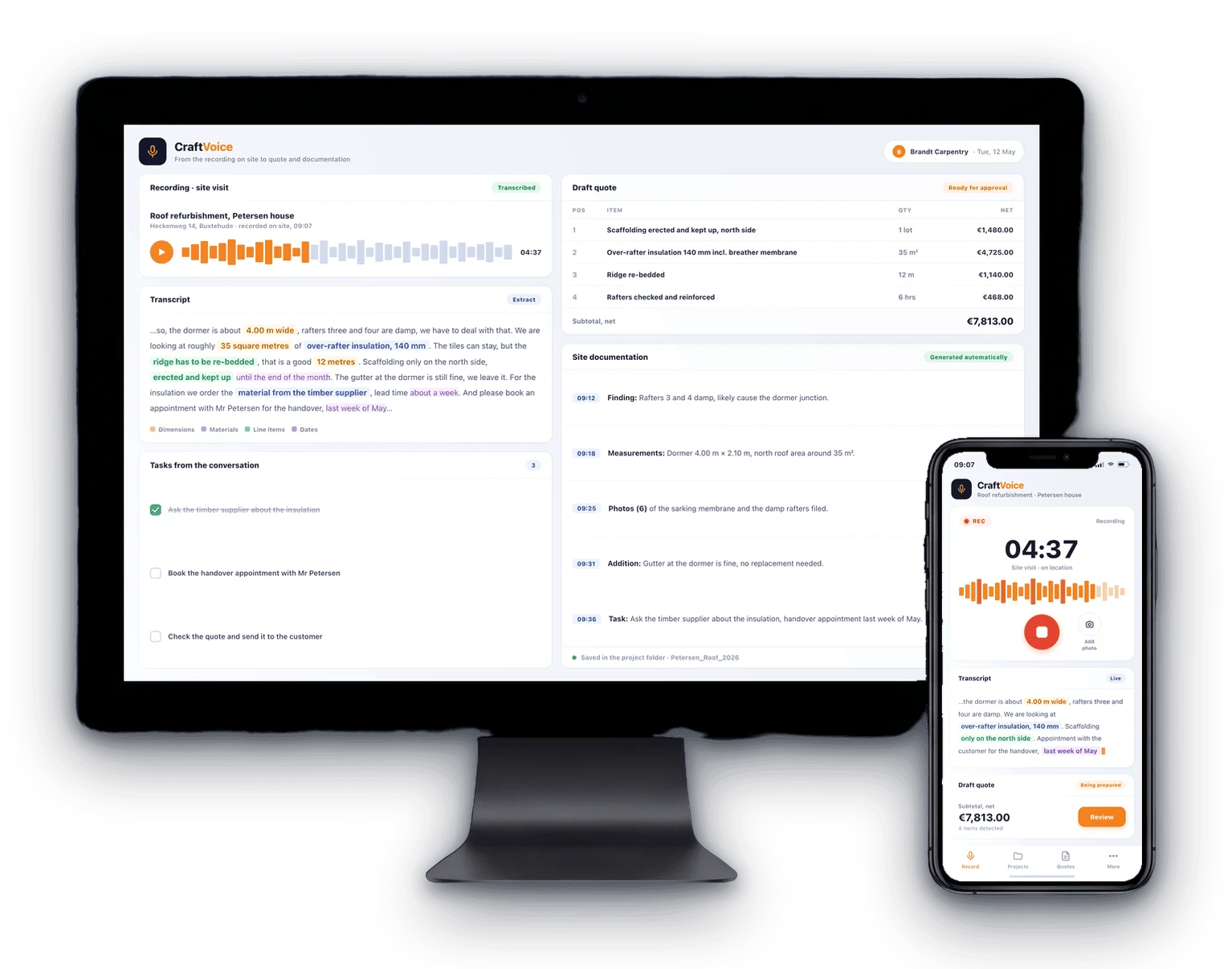 CraftVoice shown on a desktop display and a smartphone: site recording, transcript, draft quote and site documentation
