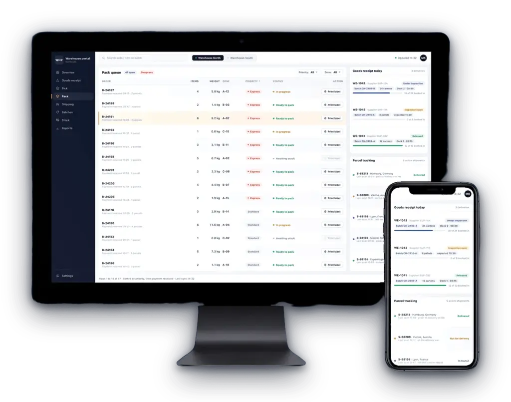 Warehouse portal shown on a desktop display and a smartphone: pack queue, goods receipt with batch management and parcel tracking