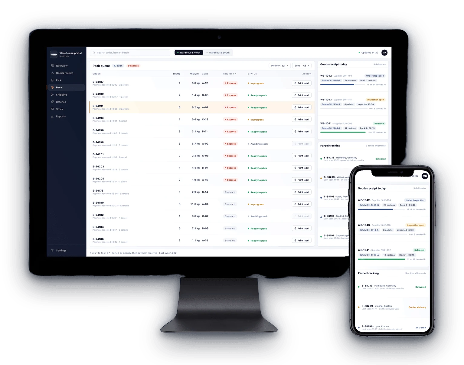 Warehouse portal shown on a desktop display and a smartphone: pack queue, goods receipt with batch management and parcel tracking