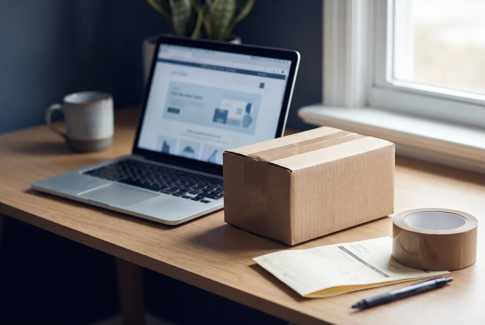 Sealed cardboard parcel on a desk next to an open laptop showing a blurred online shop order page