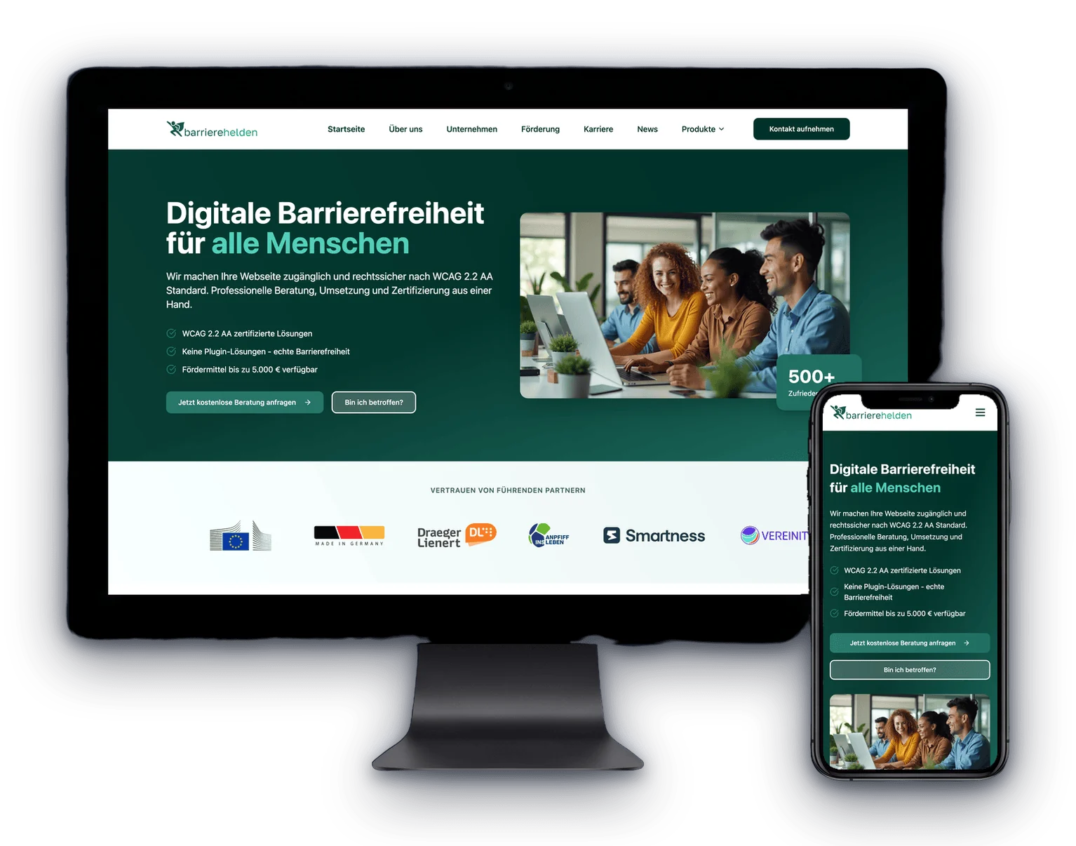 Barrierehelden website shown on a desktop display and a smartphone