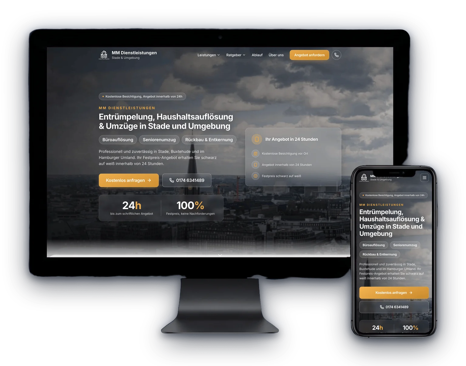 MM Dienstleistungen website shown on a desktop display and a smartphone