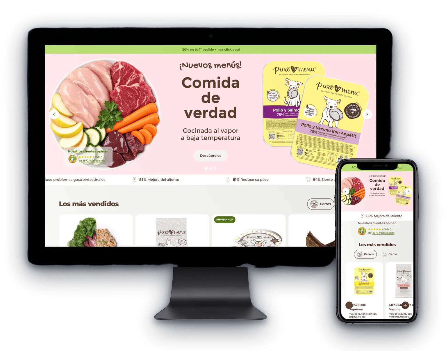 PuroMenu online shop shown on a desktop display and a smartphone