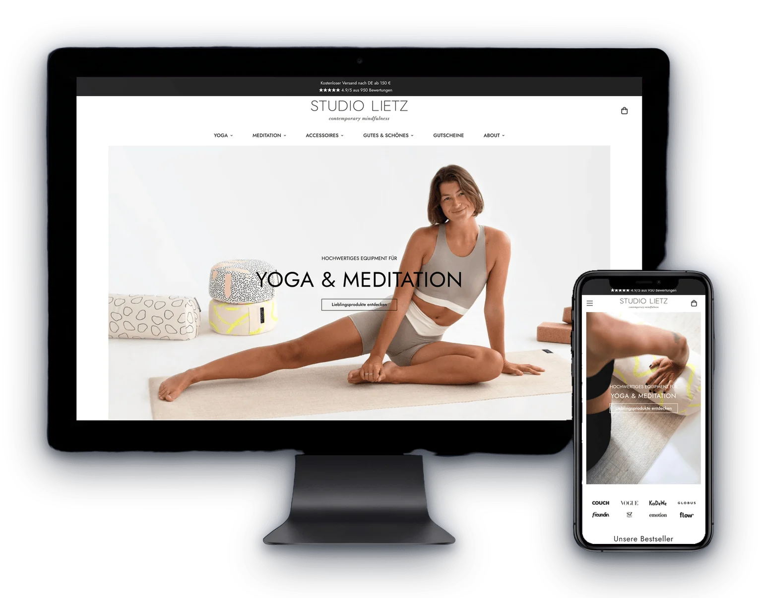 Studio Lietz online shop shown on a desktop display and a smartphone