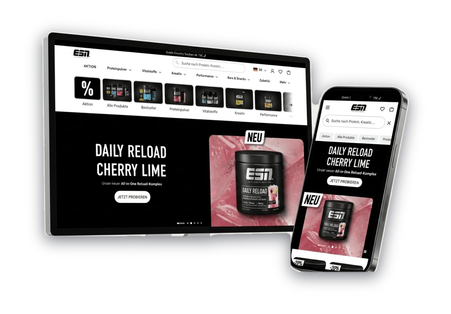 ESN online shop shown on a desktop display and a smartphone