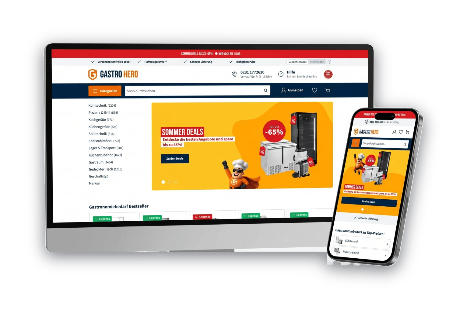 GastroHero online shop shown on a desktop display and a smartphone