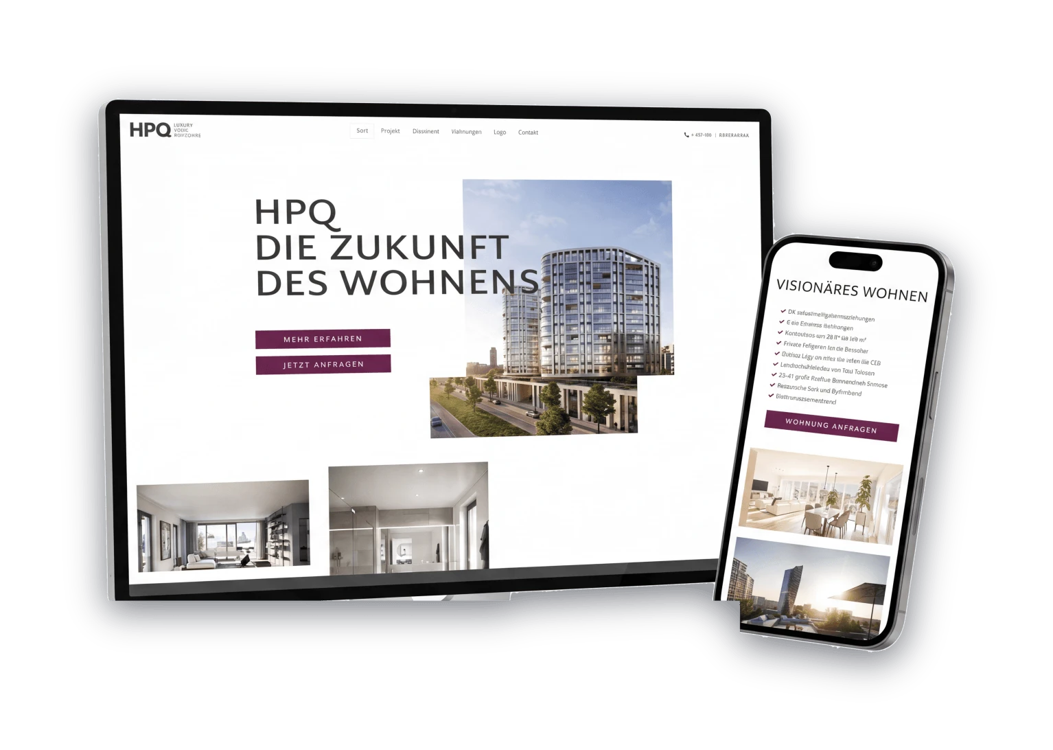 Real estate project website built for an ImmobilienScout24 key account, shown on a desktop display and a smartphone
