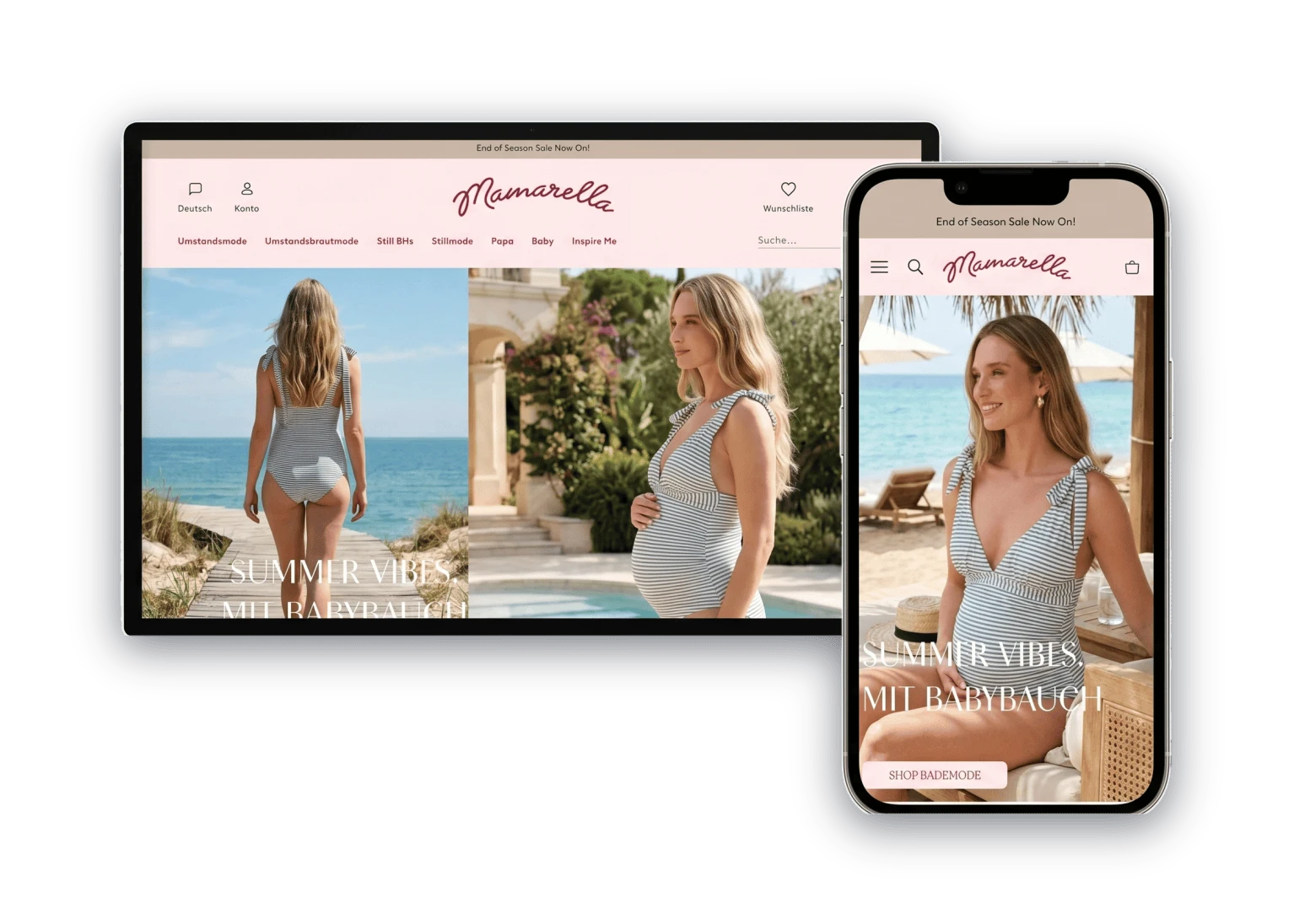 Mamarella online shop shown on a desktop display and a smartphone