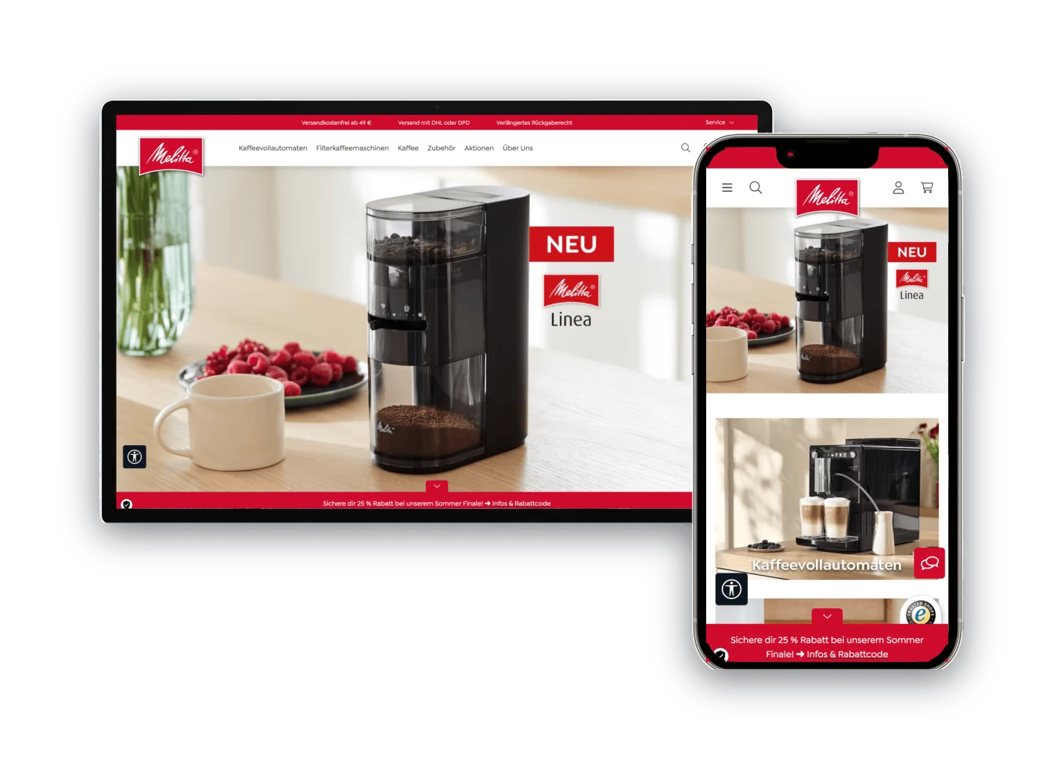 Melitta online shop shown on a desktop display and a smartphone