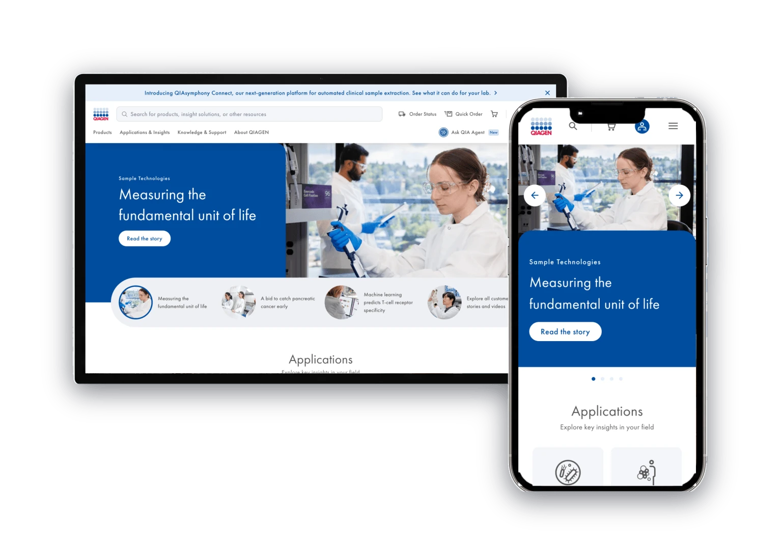 QIAGEN website shown on a desktop display and a smartphone
