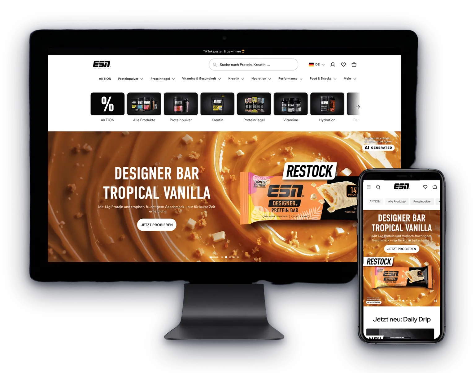 ESN online shop shown on a desktop display and a smartphone