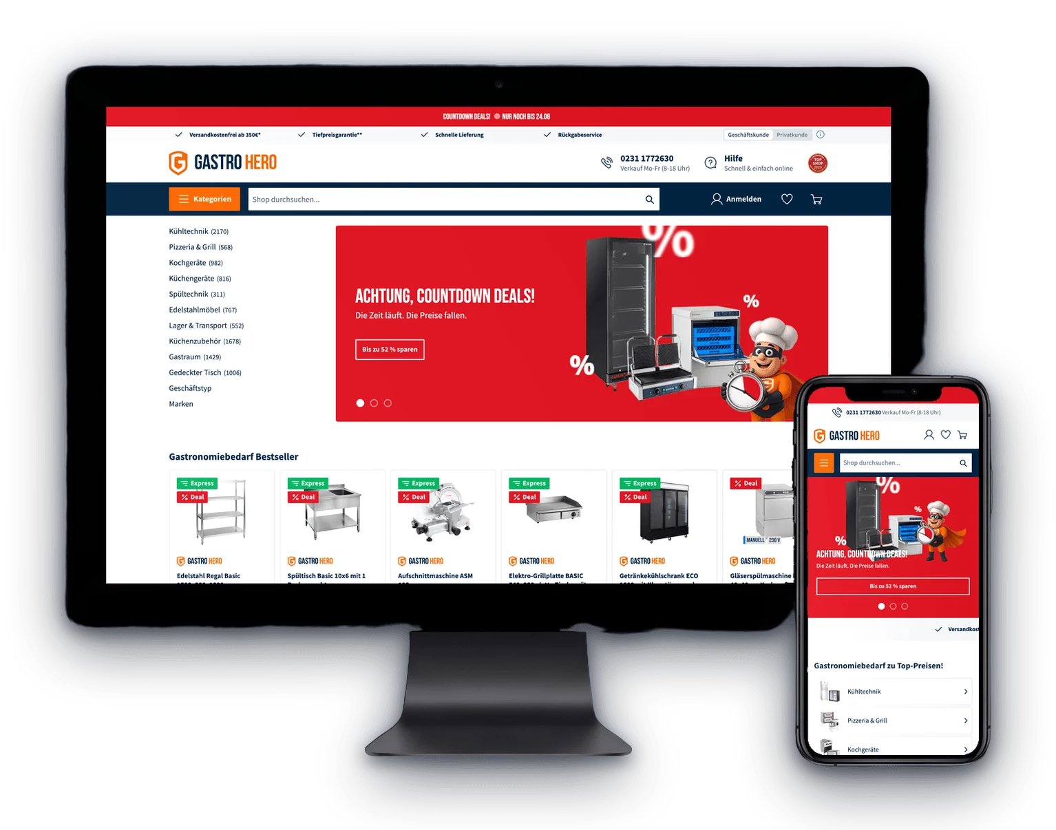 GastroHero online shop shown on a desktop display and a smartphone