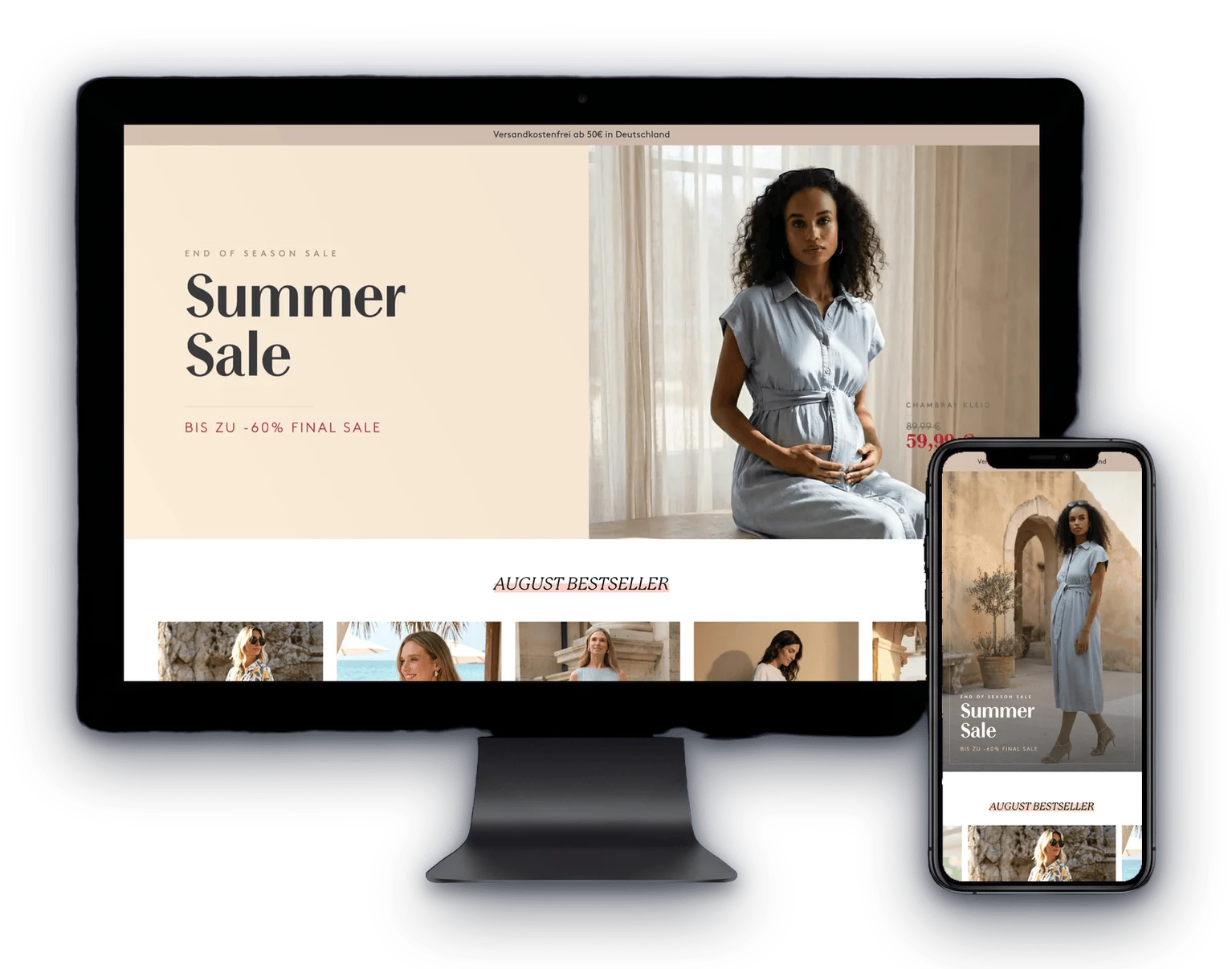 Mamarella online shop shown on a desktop display and a smartphone