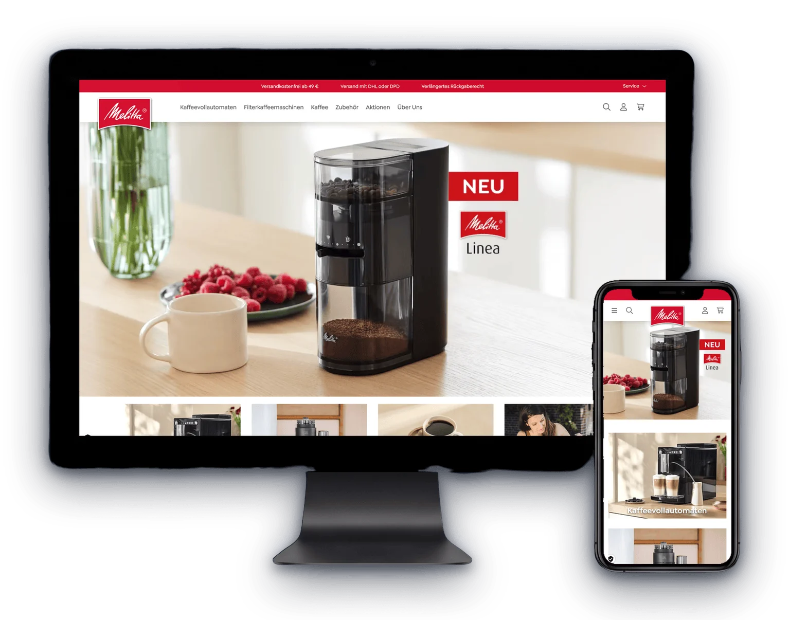 Melitta online shop shown on a desktop display and a smartphone