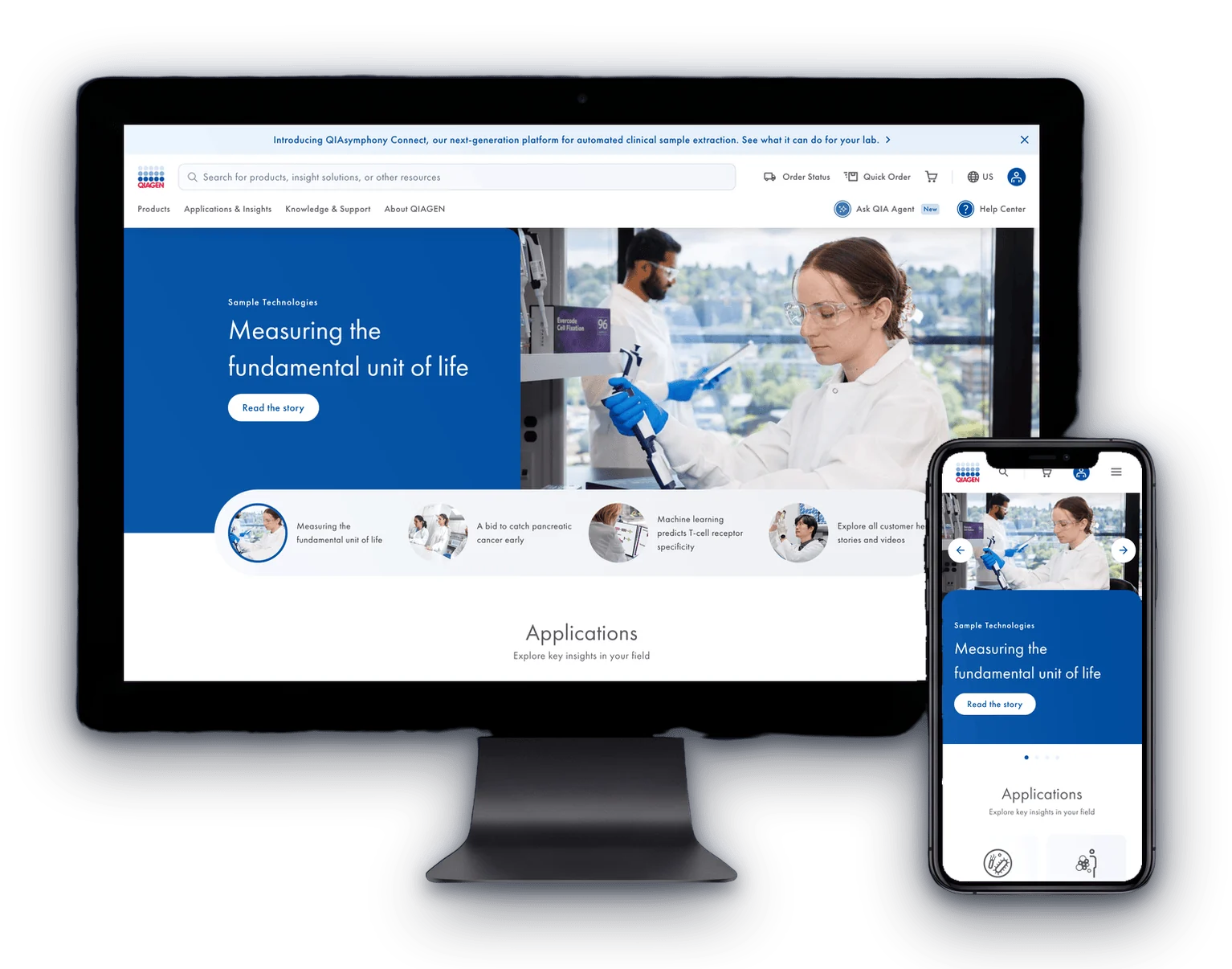 QIAGEN website shown on a desktop display and a smartphone