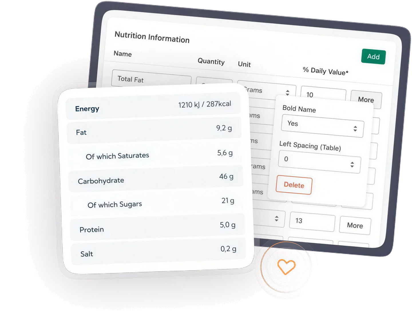 Nutrition information editor and rendered nutrition table
