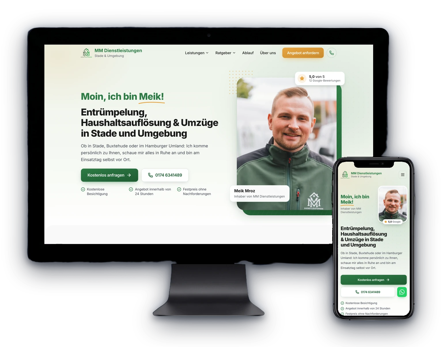MM Dienstleistungen website shown on a desktop display and a smartphone
